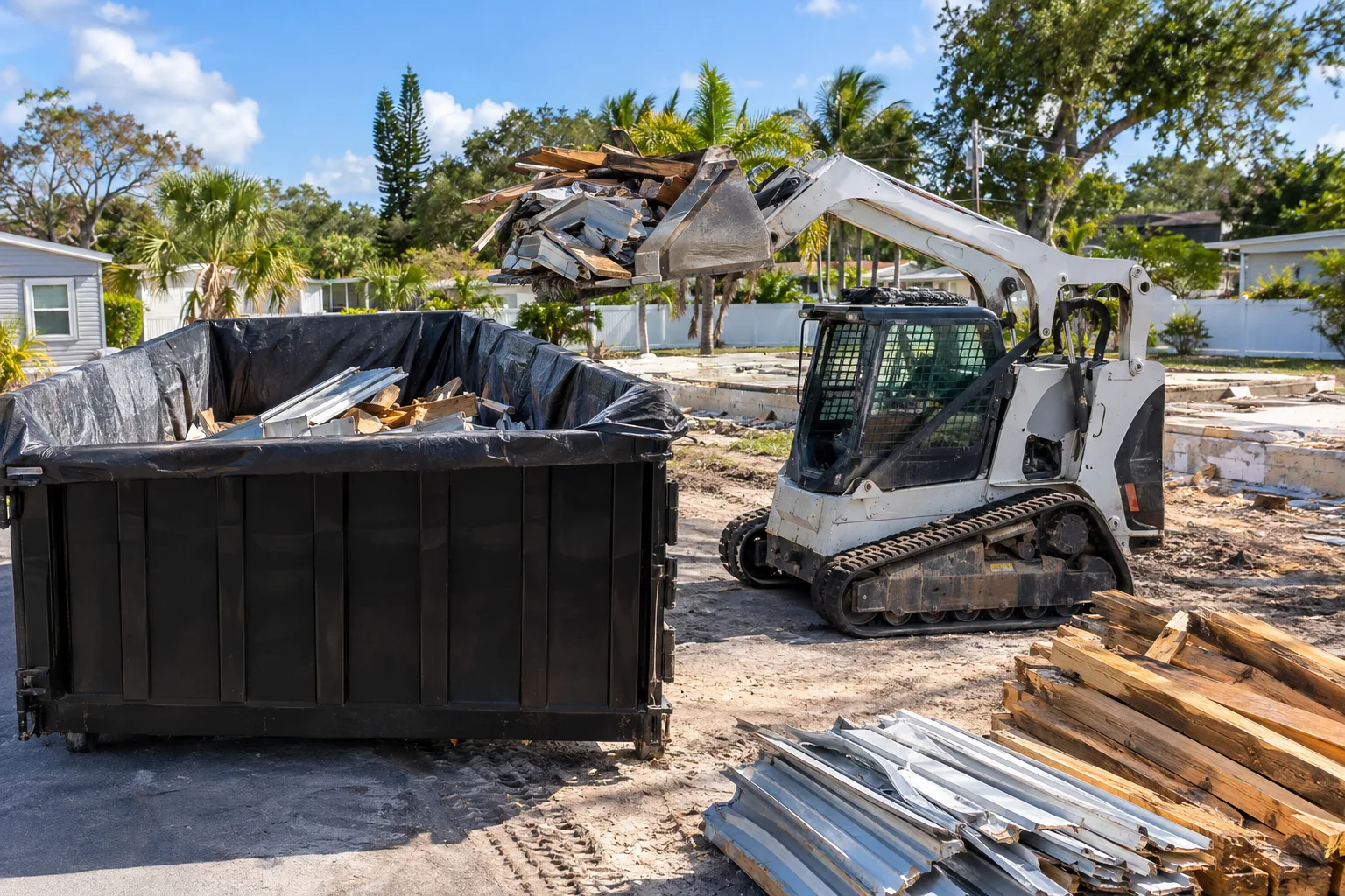 Mobile home debris being loaded into a lined container