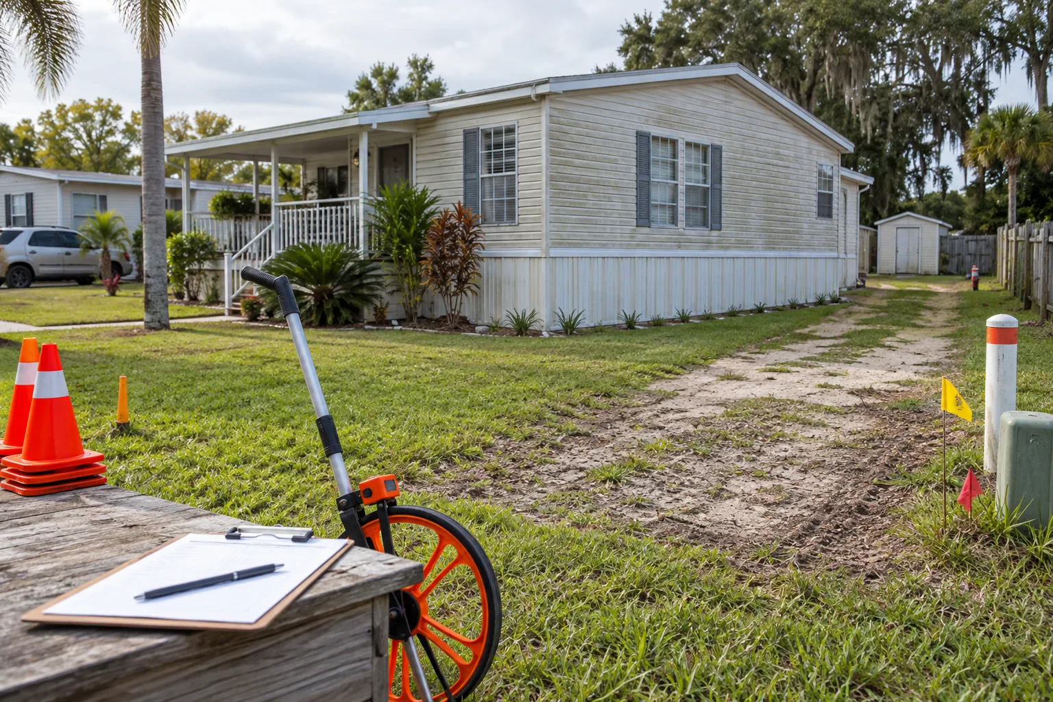 Measuring wheel, site markers, and clipboard outside a manufactured home
