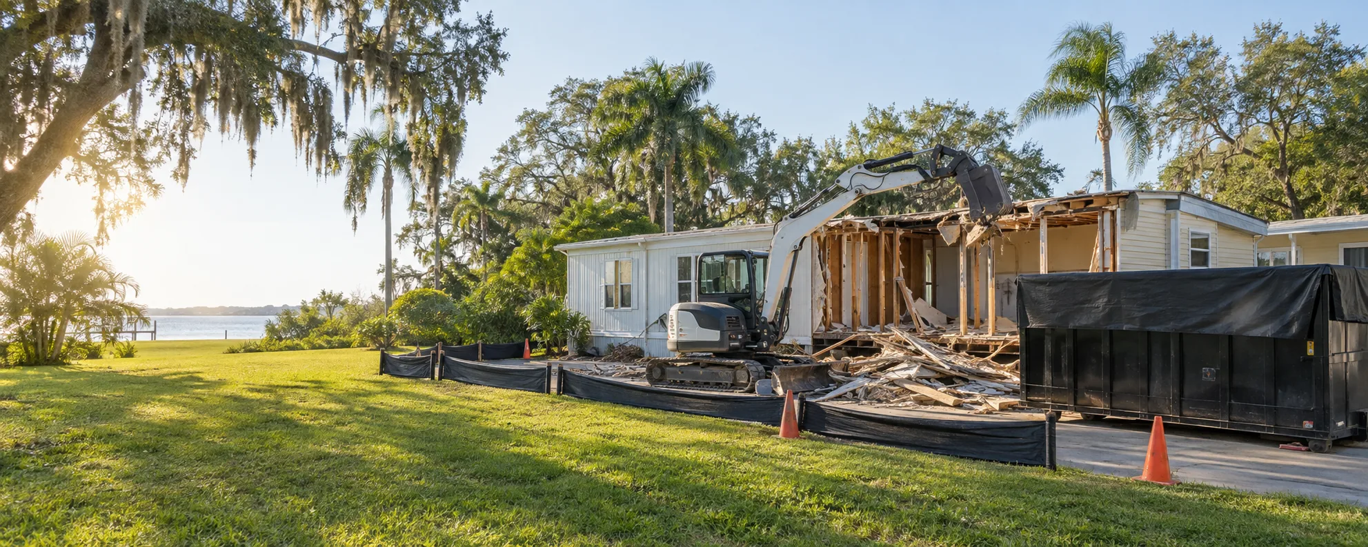 Mobile home removal equipment working on a residential lot