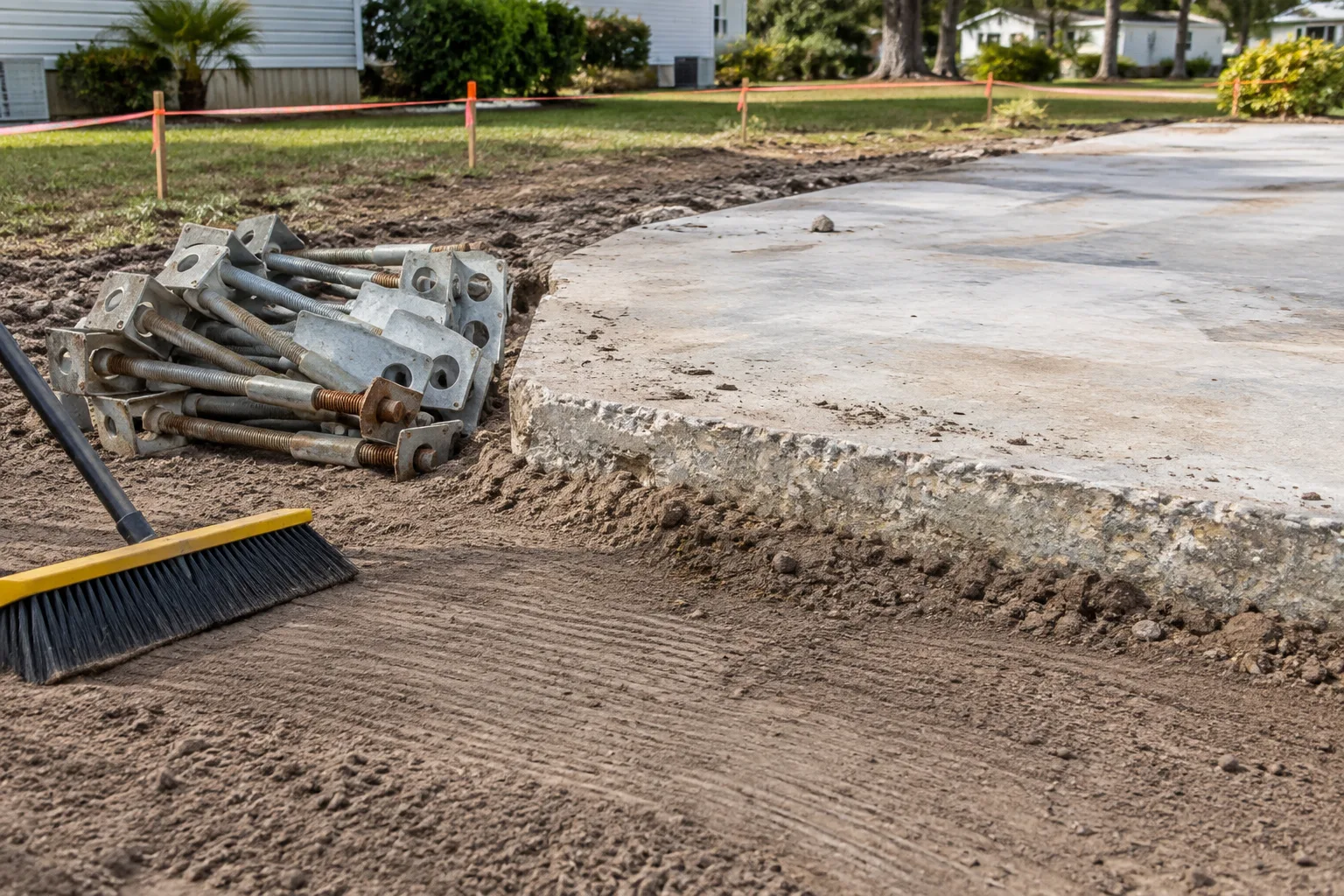 Concrete pad edge and removed anchors after mobile home removal