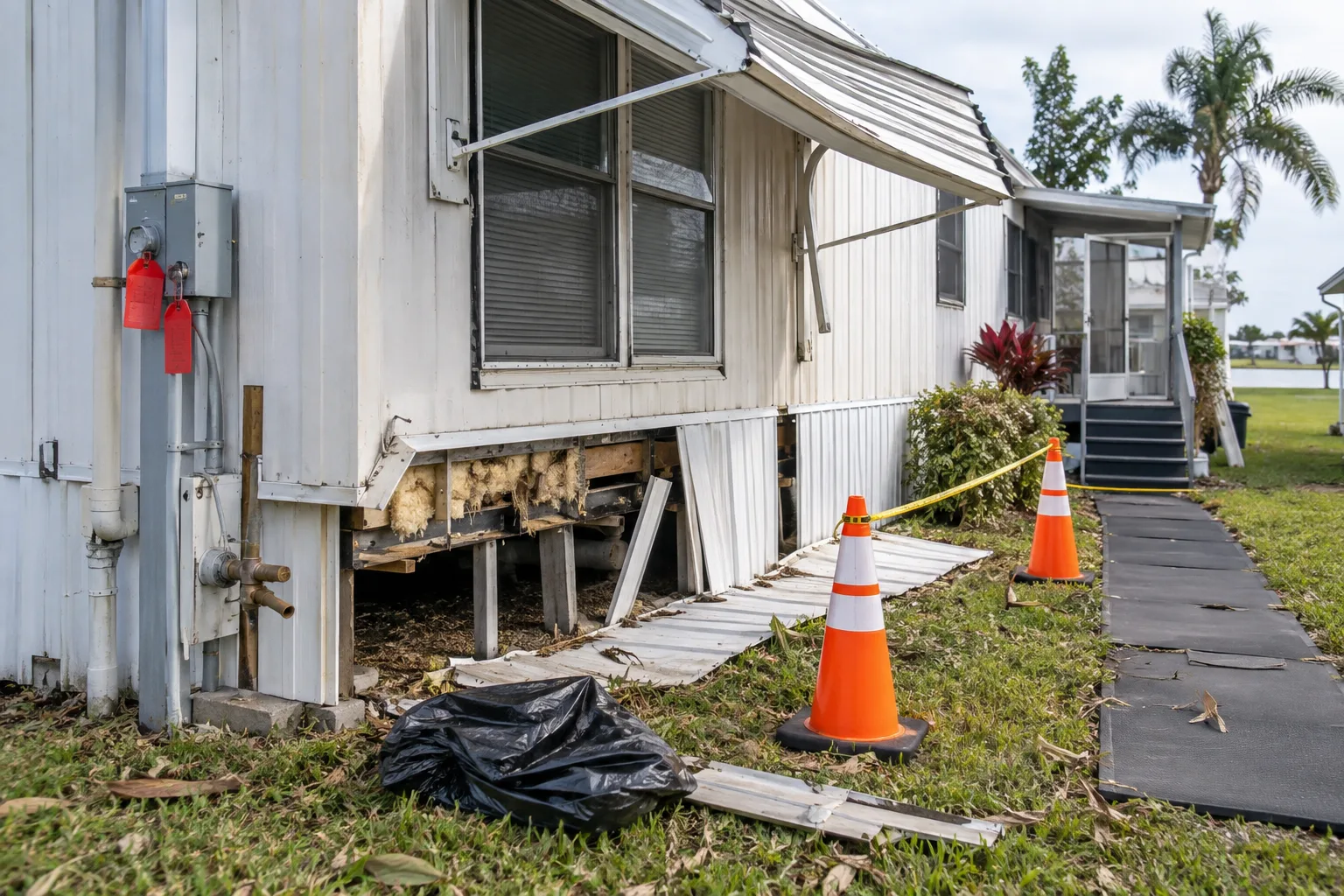 Damaged skirting and awning isolated for assessment