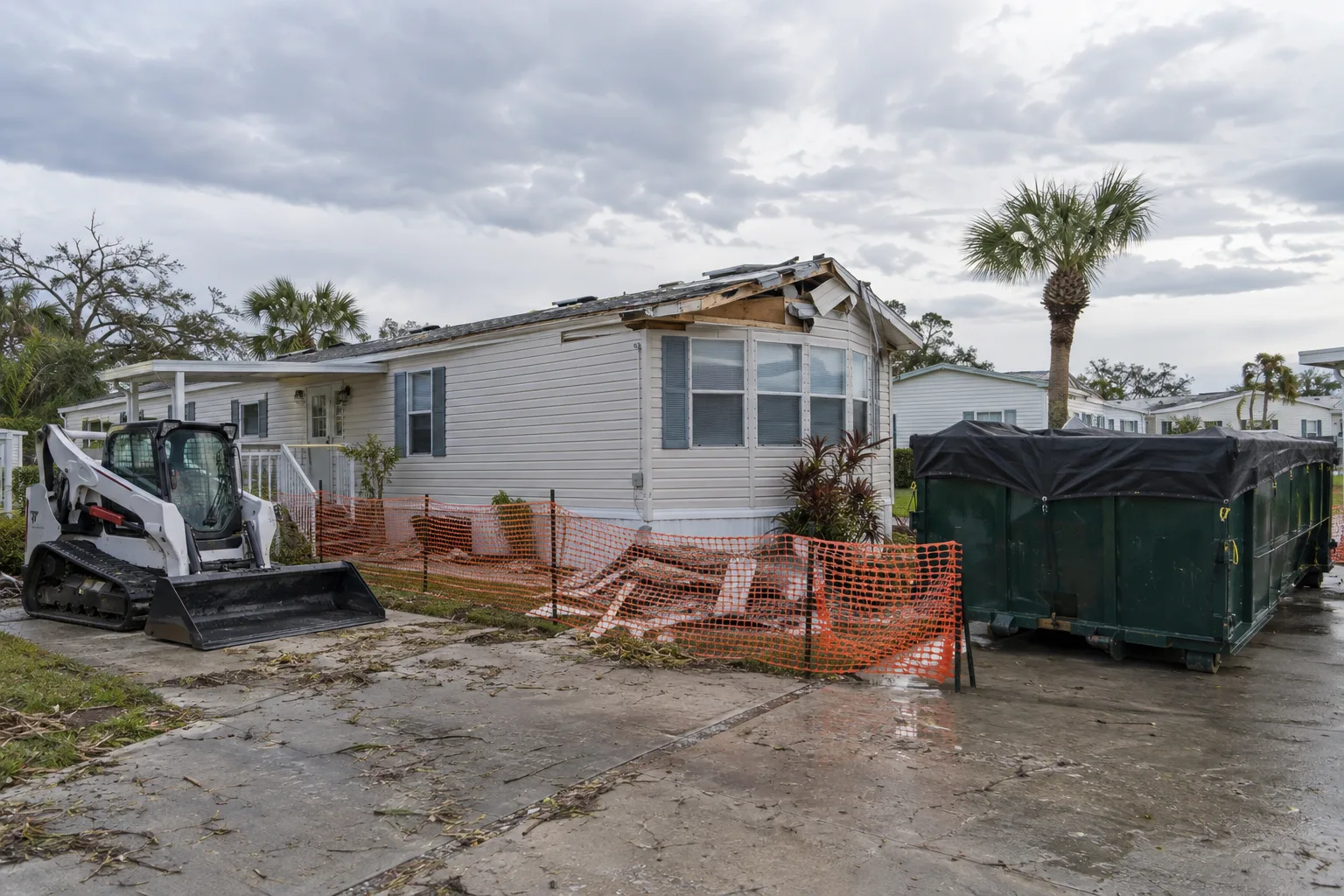 Storm-damaged manufactured home with safety fencing and staged equipment